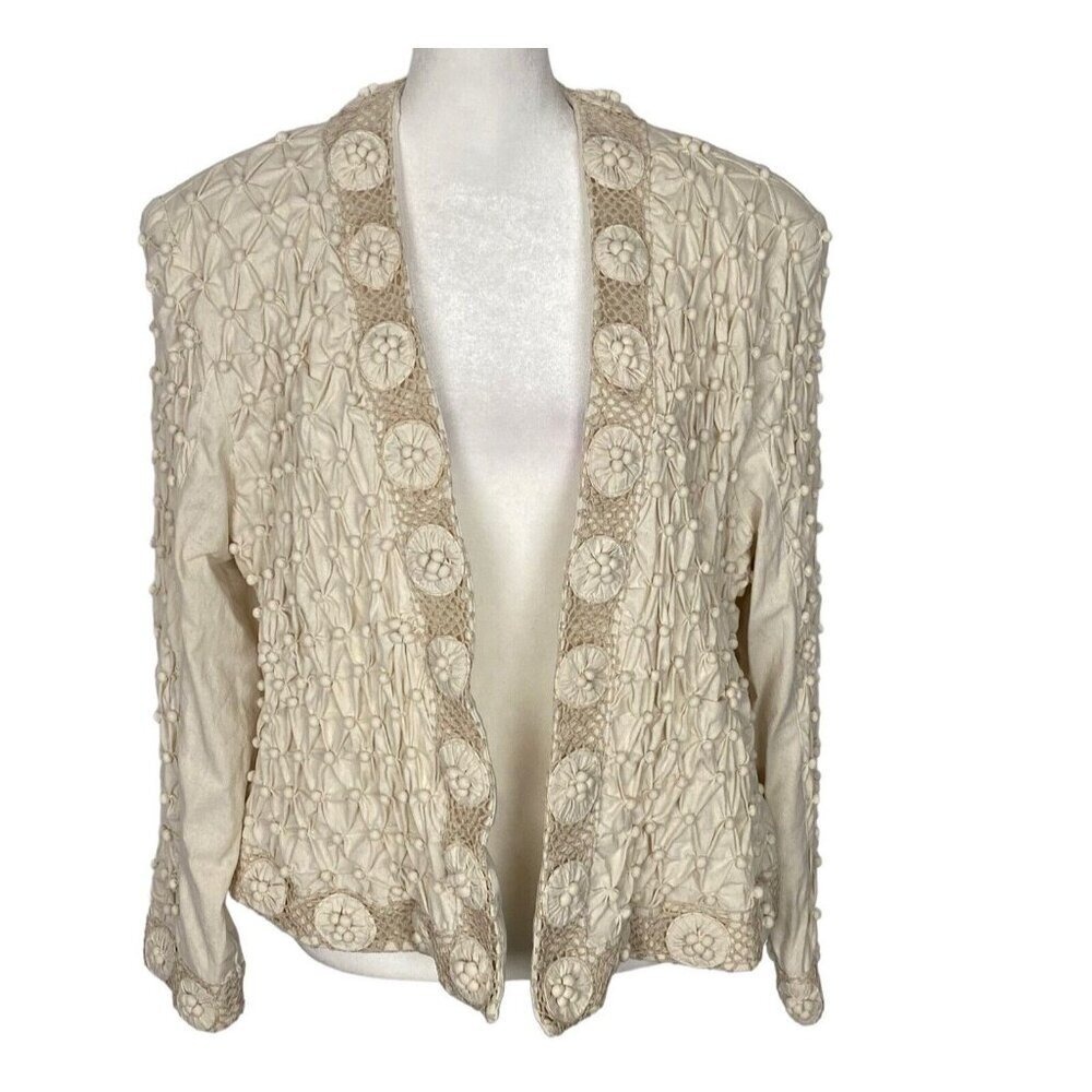 Vtg LIM'S‎ Women Silk Blazer Sz PL Ivory Short Open Front Knotted Elegant 44-7